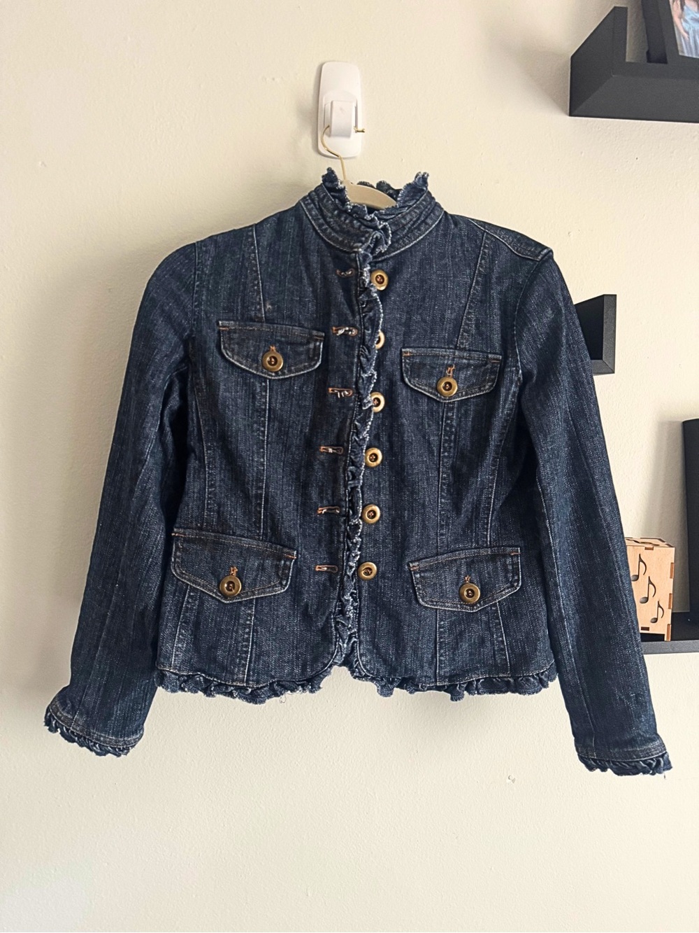 Jones New York Denim Jacket Military Style, Ruffle Trim